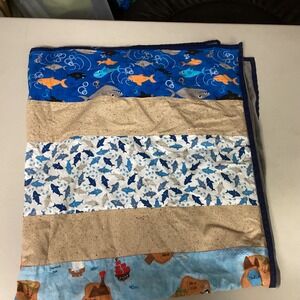 Kids Shark Pirate FishQuilt Blanket Blue Red Multi Beach Ocean Theme 44 x 40